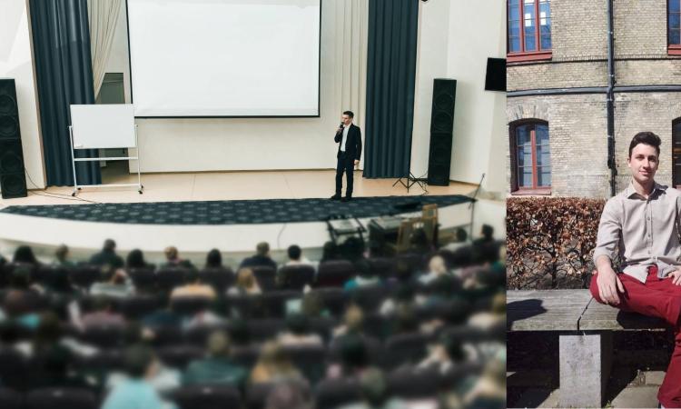 En man håller föreläsning, Mats vid sidan.