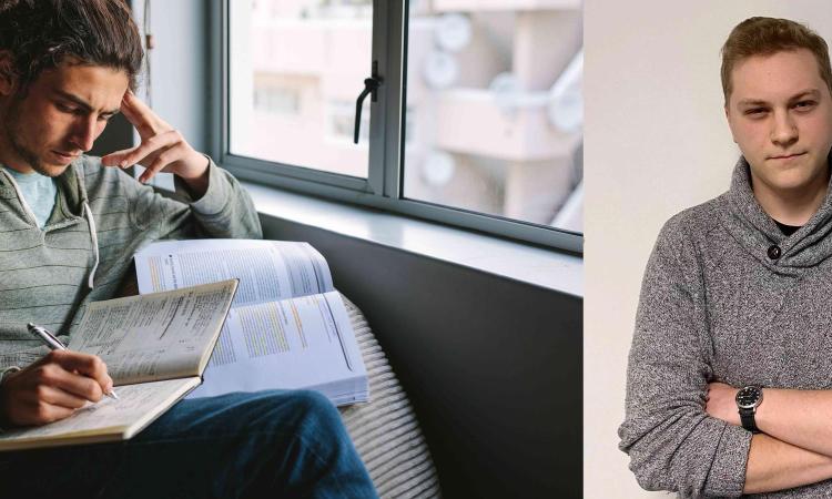 Man som läser en skolbok vid ett fönster och Tom Holtorf till höger