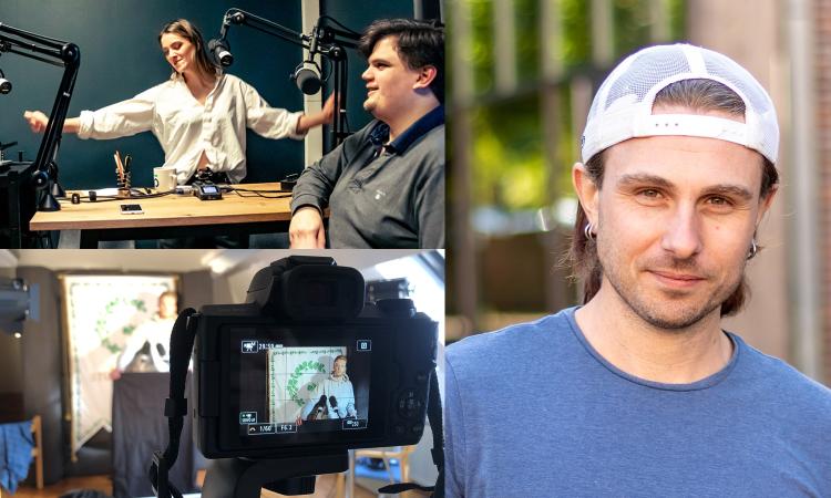Kommunikatör Tobias tillsammans med bilder av en podcastinspelning och en filminspelning